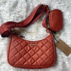 Brand New Steve Madden Quilted Stitch Orange Zip Crossbody Purse Gold Tone Chain